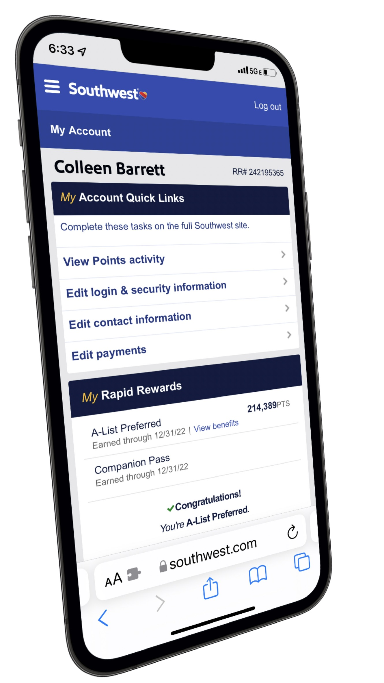 Account Quick Links on mobile web