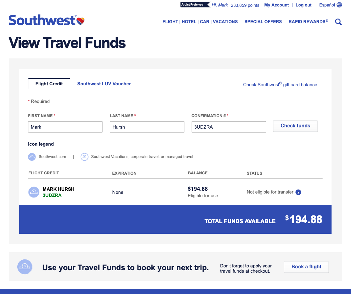 Flight credit lookup showing no expiration