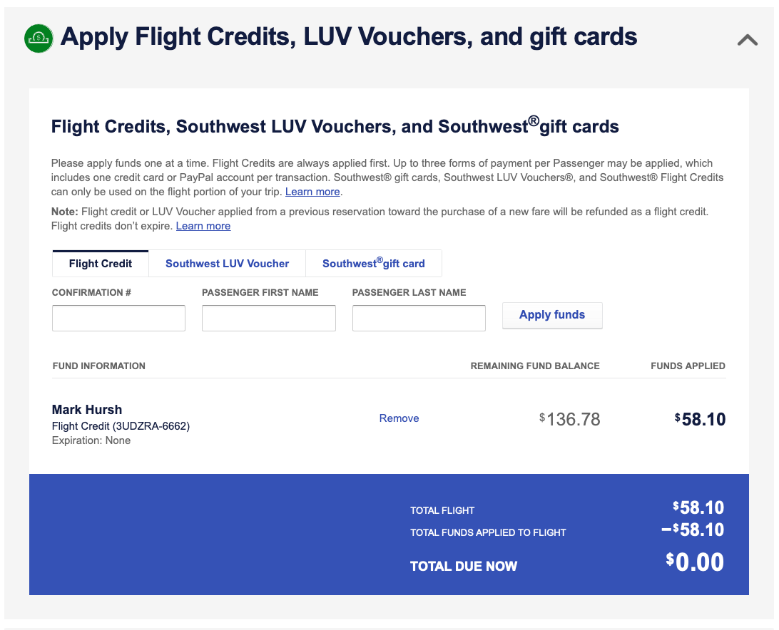 Applying flight credits during booking