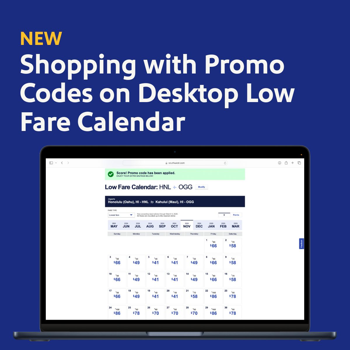 Low Fare Calendar with discount codes