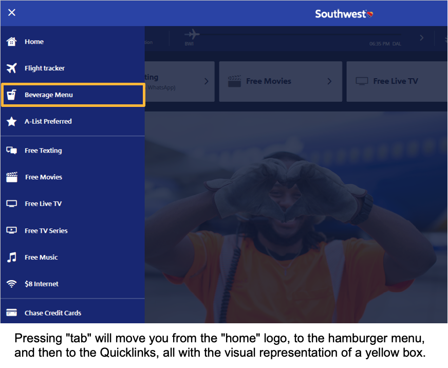 Keyboard navigation in inflight portal