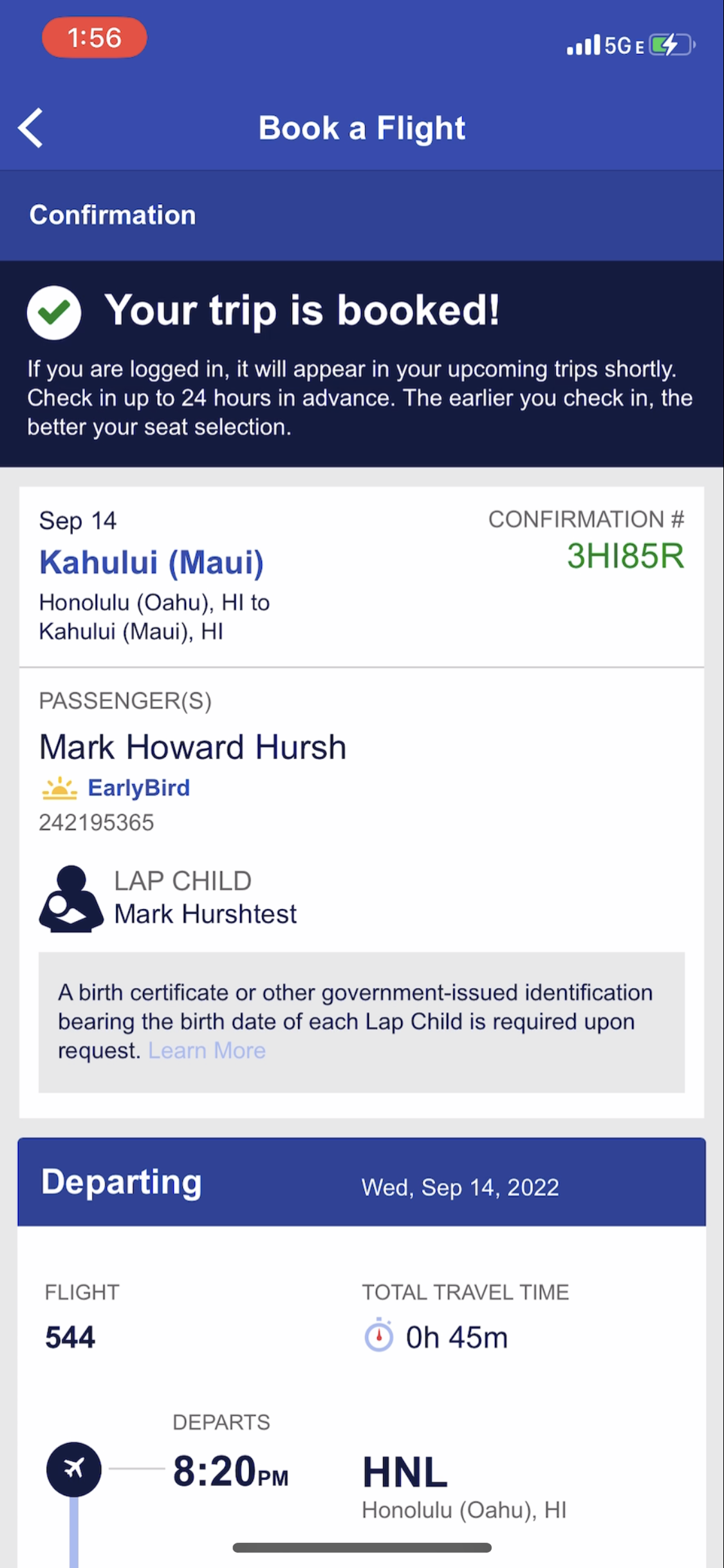 Lap child booking confirmation