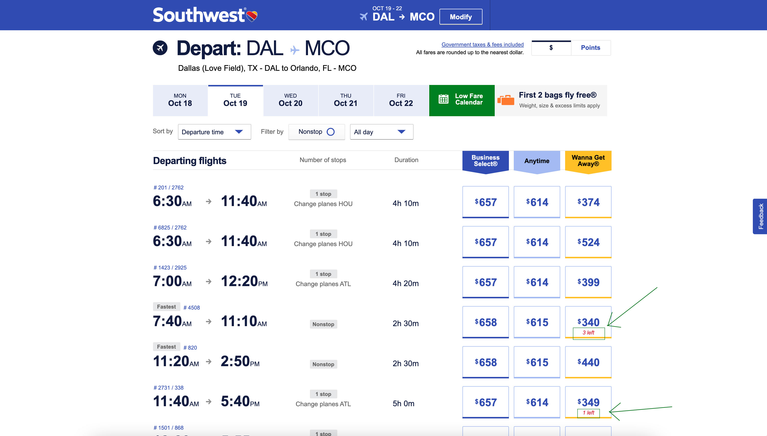 Low inventory alert on flight selection