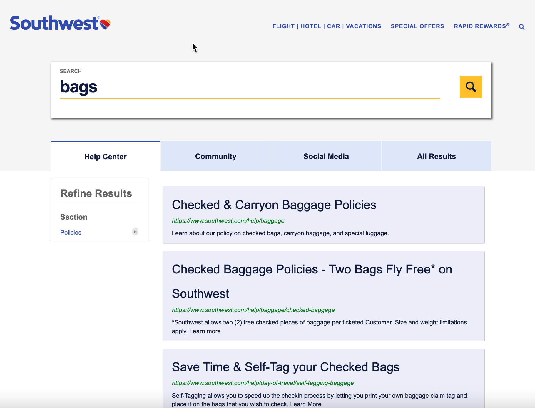 Site search with top actions