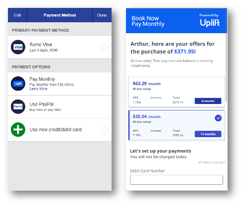 A visual of the installment payment option on Southwest.com