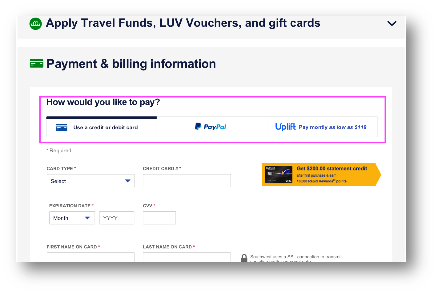 A visual of the installment payment option on Southwest.com